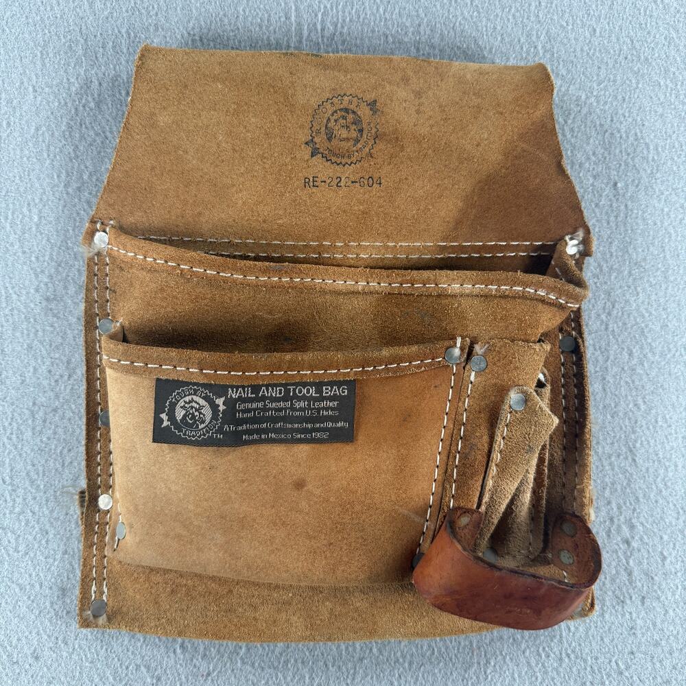 Rooster Nail Tool Bag Brown Sueded Split Leather Carpenter Pouch Hammer Loop
